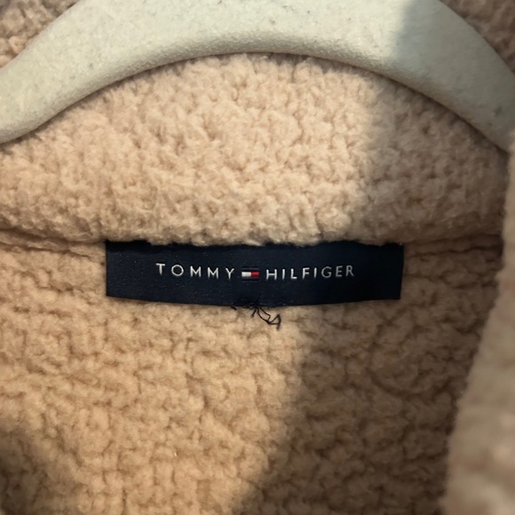 Tommy Hilfiger Women's Tan Teddy Jacket with Red and Black Stripes - Picture 5 of 5